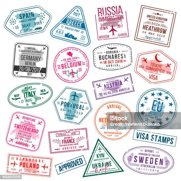Set Of Visa Stamps For Passports International And Immigration Office Stamps Arrival And Departure Visa Stamps To Europe Spain Germany Portugal Turkey Poland Russia United Kingdom Etc Stock Illustration - Download Image Now