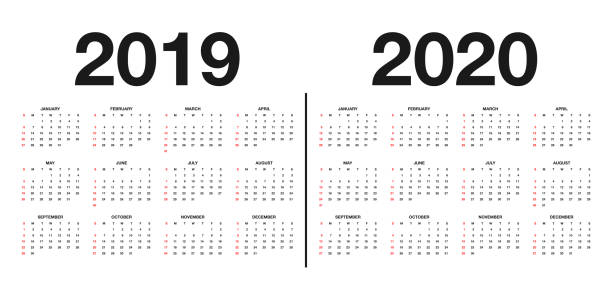 kalender-2019 und 2020 vorlage. kalenderdesign in schwarz und weiß farben, urlaub in roten farben - 2019 stock-grafiken, -clipart, -cartoons und -symbole