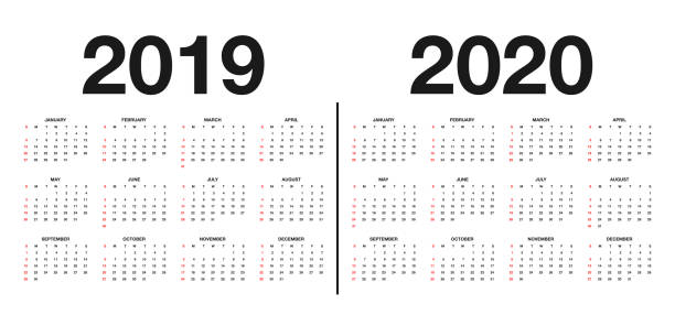 ilustraciones, imágenes clip art, dibujos animados e iconos de stock de calendario 2019 y 2020 plantilla. diseño de calendario en blanco y negro colores, días de fiesta en color rojo - 2019