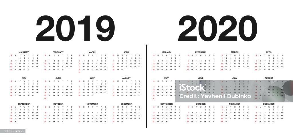 Calendar 2019 and 2020 template. Calendar design in black and white colors, holidays in red colors Calendar 2019 and 2020 template. Calendar design in black and white colors, holidays in red colors. Vector Calendar stock vector
