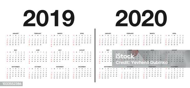Calendar 2019 And 2020 Template Calendar Design In Black And White Colors Holidays In Red Colors Stock Illustration - Download Image Now