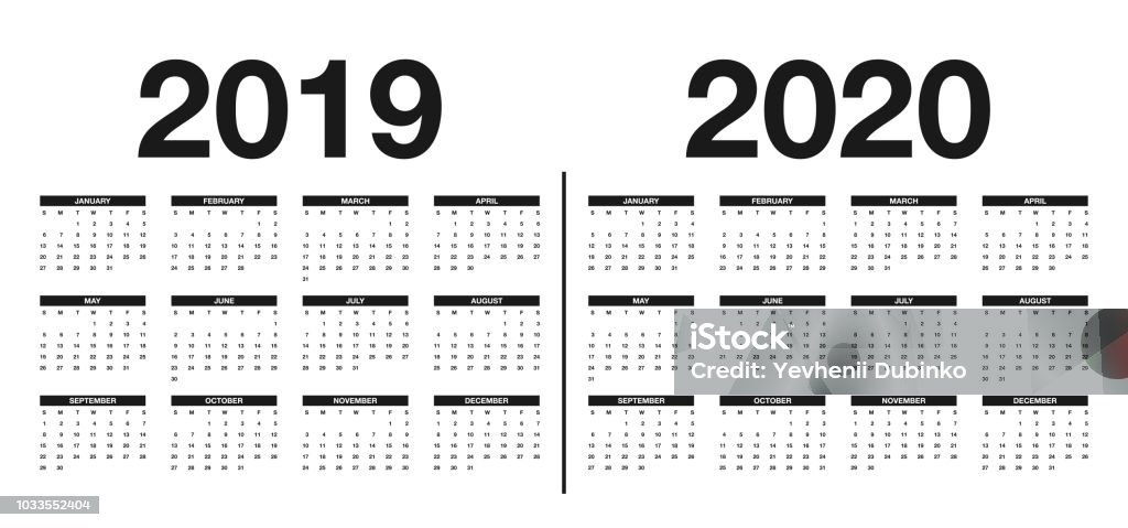 Calendar 2019 and 2020 template. Calendar design in black and white colors Calendar 2019 and 2020 template. Calendar design in black and white colors. Vector Calendar stock vector