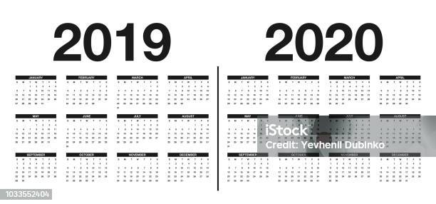 Calendar 2019 And 2020 Template Calendar Design In Black And White Colors Stock Illustration - Download Image Now