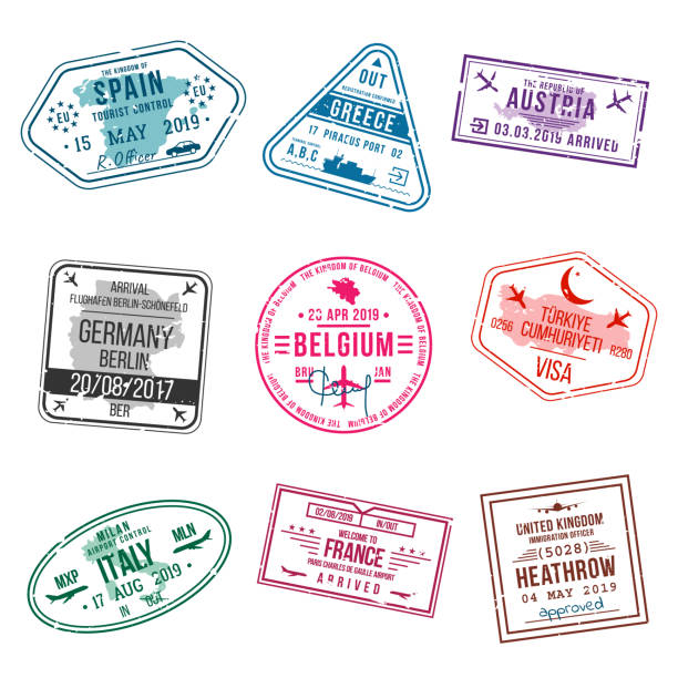 여권 비자 스탬프의 집합입니다. 국제, 이민 사무실 우표입니다. 도착 및 출발 비자 우표 유럽-스페인, 그리스, 독일, 터키, 이탈리아, 프랑스, 영국 등. - belgium stock illustrations