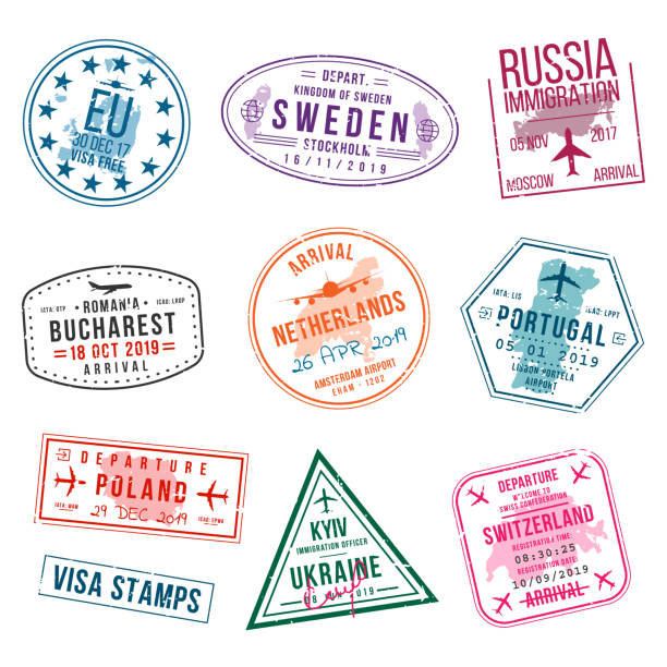여권 비자 스탬프의 집합입니다. 국제, 이민 사무실 우표입니다. 도착과 출발 유럽-포르투갈, 폴란드, 러시아, 네덜란드 등 우표 비자. - poland stock illustrations