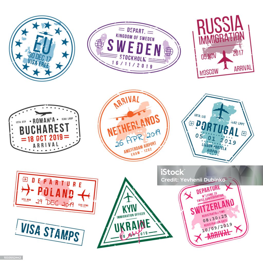 Set of visa stamps for passports. International and immigration office stamps. Arrival and departure visa stamps to Europe - Portugal, Poland, Russia, Netherlands etc. Set of visa stamps for passports. International and immigration office stamps. Arrival and departure visa stamps to Europe - Portugal, Poland, Russia, Netherlands etc. Vector Rubber Stamp stock vector