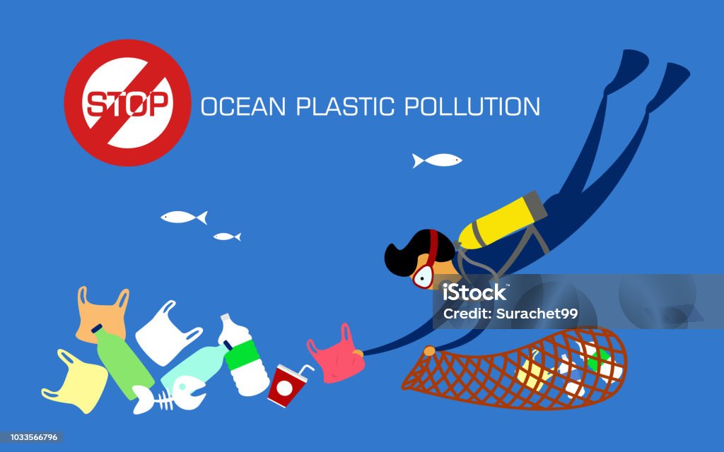 Stop plastic pollution. Reduce, Reuse, Recycle. Scuba diver cleaning plastic trash from ocean. vector illustration. Cleaning stock vector