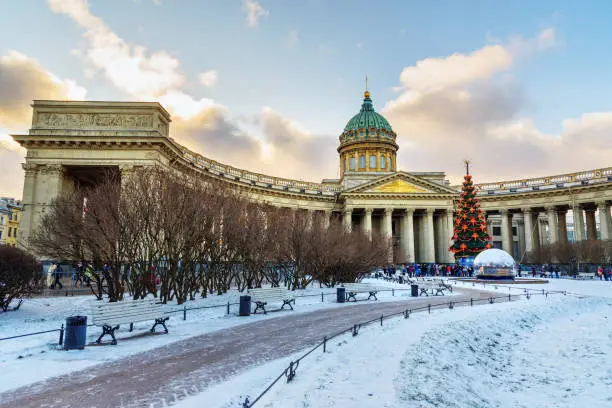 Photo of View of Kazan Cathedral and Christmas Tree. Saint Petersburg. Russia