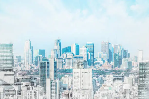 Asia Business concept for real estate and corporate construction - panoramic modern cityscape building aerial view under morning blue bright sky in Japan mix sketch and watercolor illustration effect