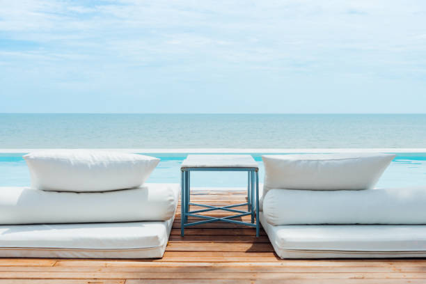 istock White bed at pool seaside the sea with horizon sky 1033605420