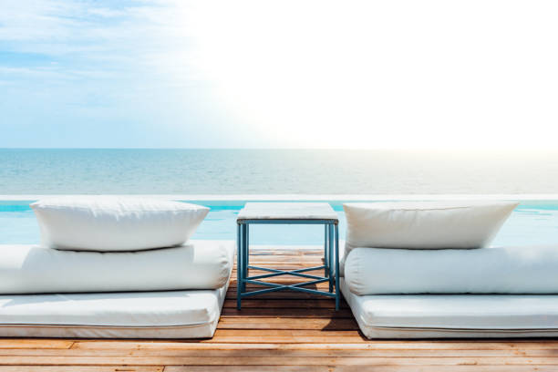 istock White bed at pool seaside the sea with horizon sky 1033605428