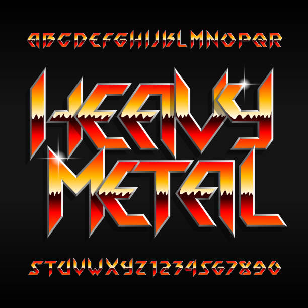 heavy-metal-alphabet-schriftart. glänzenden buchstaben und zahlen in hard-rock-stil. - heavy metal stock-grafiken, -clipart, -cartoons und -symbole