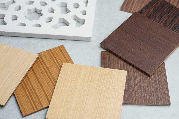 istock samples of material, wood , on concrete table.Interior design select material for idea. 1033623104