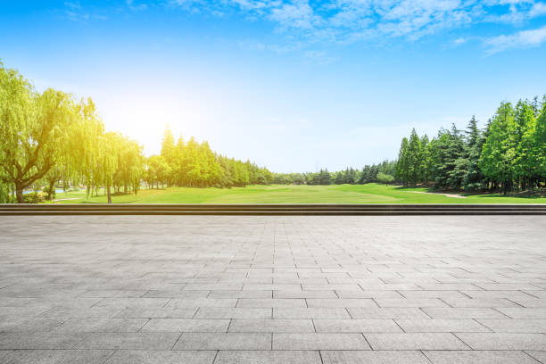 istock Empty city square floor and green woods scenery 1033630750