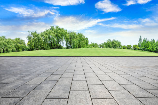istock Empty city square floor and green woods scenery 1033633266