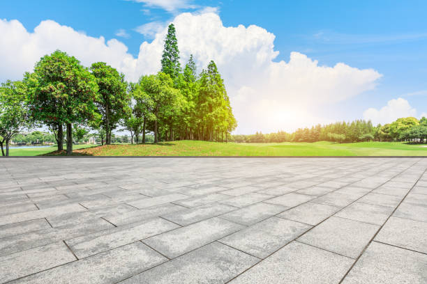 istock Empty city square floor and green woods scenery 1033633996