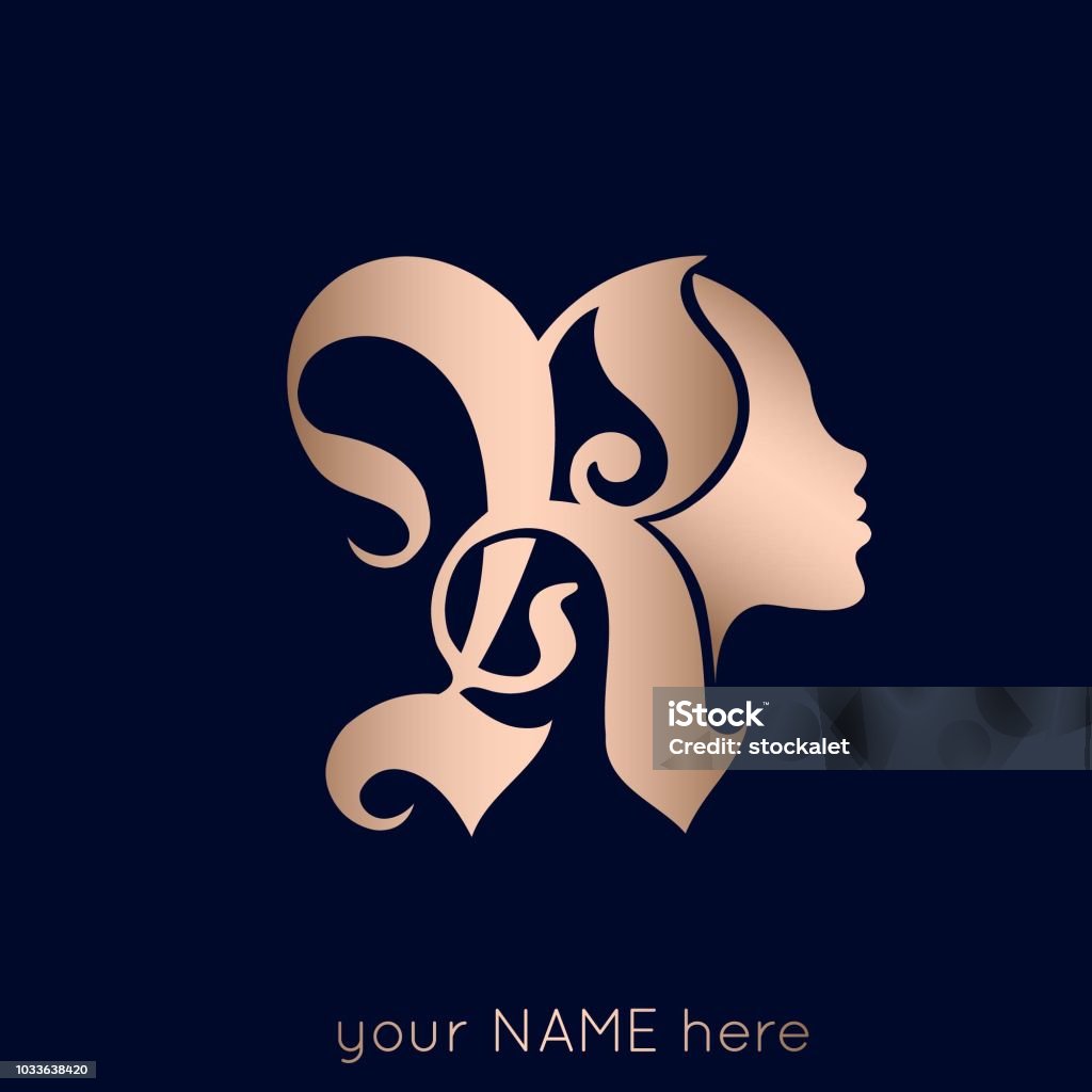 Cosmetics, Spa, Beauty and Hair salon lettering logo with woman portrait Beautiful young woman face silhouette with decorated letter R Adult stock vector