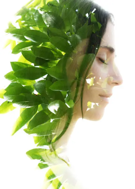 Photo of Double exposure profile portrait of a naturally beautiful woman with closed eyes and bright green tropical leaves