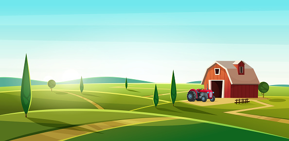 Colorful countryside landscape with a barn and tractor on the hill. Rural location. Cartoon modern vector illustration.