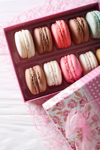 istock set of macaroons in a pink gift box close-up on a table. Vertical top view 1033673138