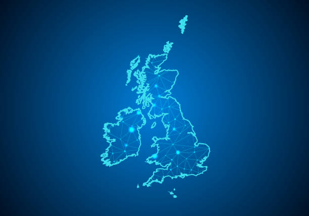 istock Abstract mash line and point scales on dark background with Map of united Kingdom. Wire frame 3D mesh polygonal network line, design sphere, dot and structure. communications map of united Kingdom.Vector illustration 1033677414