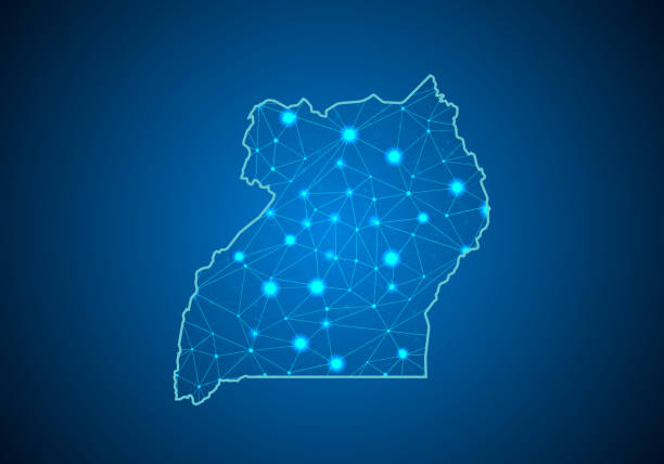 istock Abstract mash line and point scales on dark background with Map of uganda. Wire frame 3D mesh polygonal network line, design sphere, dot and structure. communications map of uganda. Vector. 1033677736