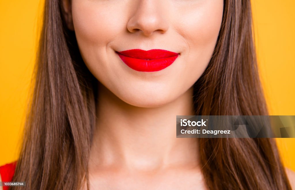 Chic charm pleasure lifestyle person concept. Cropped close up half faced view photo portrait of beautiful  ideal perfect color lipstick isolated background Women Stock Photo