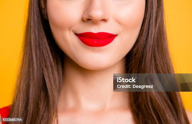 Chic Charm Pleasure Lifestyle Person Concept Cropped Close Up Half Faced View Photo Portrait Of Beautiful Ideal Perfect Color Lipstick Isolated Background Stock Photo - Download Image Now
