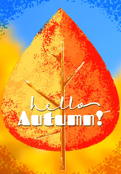 ilustrações, clipart, desenhos animados e ícones de olá outono ou queda sazonal poster com folhas amarelas e vermelhas suja - distressed organic autumn backgrounds