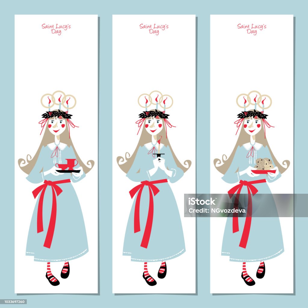 Scandinavian Christmas set: labels, postcard, bookmark, insert. Template. Saint Lucy’s Day. Scandinavian Christmas set: labels, postcard, bookmark, insert. Template. Saint Lucy’s Day. Vector illustration St. Lucia's Day stock vector