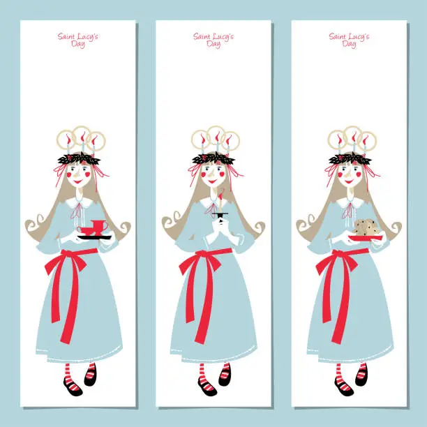 Vector illustration of Scandinavian Christmas set: labels, postcard, bookmark, insert. Template. Saint Lucy’s Day.