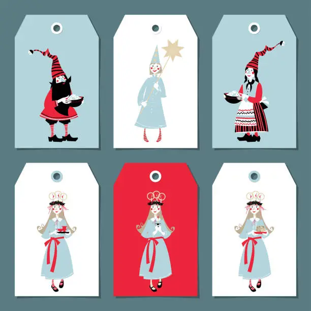 Vector illustration of Scandinavian Christmas set: labels, postcard, bookmark, insert. Template. Gnomes with pots of Christmas rice. St. Lucia procession.
