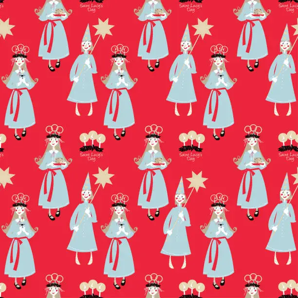 Vector illustration of Saint Lucy’s Day. St. Lucia procession. Scandinavian Christmas tradition. Seamless background pattern.