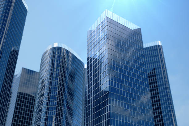 istock 3D Illustration blue skyscrapers from a low angle view. Architecture glass high buildings. Blue skyscrapers in a finance district 1033701190