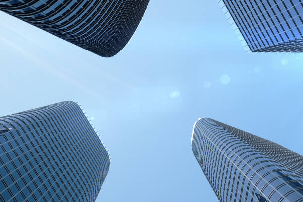 istock 3D Illustration blue skyscrapers from a low angle view. Architecture glass high buildings. Blue skyscrapers in a finance district 1033701198