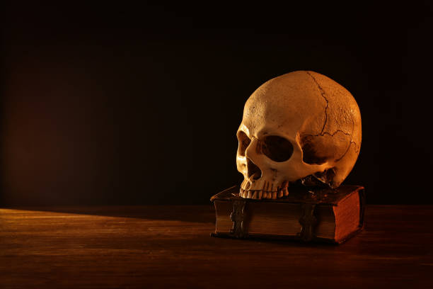 istock Human skull and old book over old wooden table and dark background. 1033703574