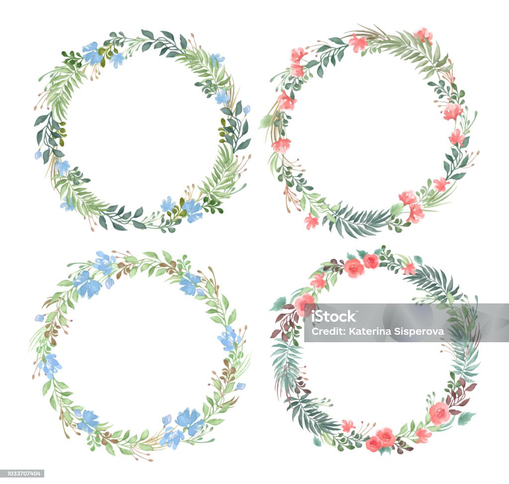 Ensemble de vecteur de vides images florales rondes dans un style Aquarelle isolé sur fond blanc - clipart vectoriel de Couronne florale libre de droits