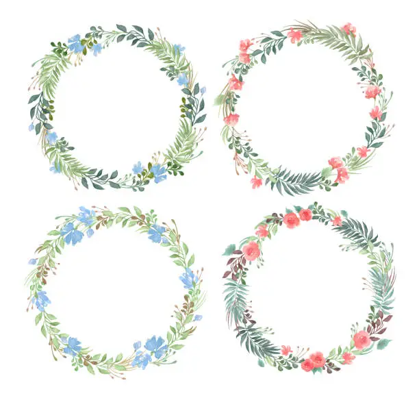 Vector illustration of Vector set of blank round floral frames in watercolor style isolated on white background