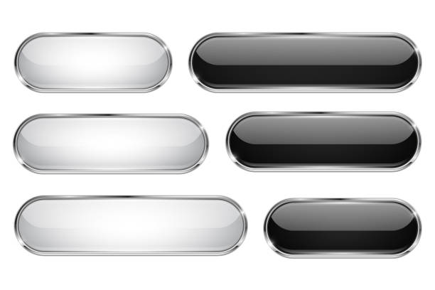 ilustrações de stock, clip art, desenhos animados e ícones de black and white glass 3d buttons. oval icons set with thin metal frame - ellipse interface icons shiny glass