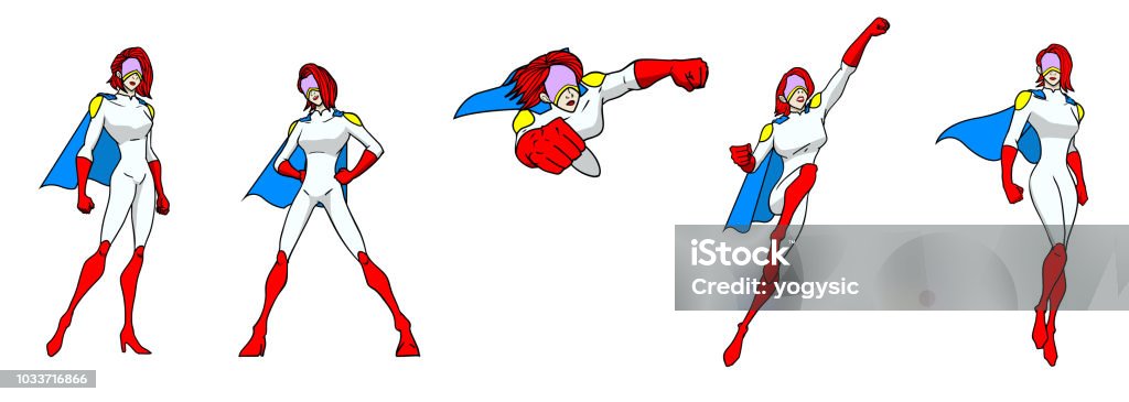 Vector Female Superhero Set A set of cartoon style vector illustration of a female superhero in many different poses. Isolated in color, easy to grab and edit Superhero stock vector