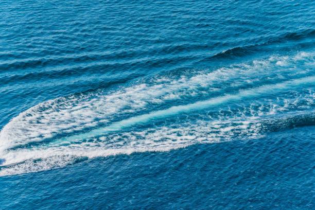 istock Trail on water surface behind of fast moving motor boat 1033726128