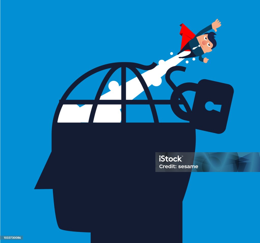 Businessman flying out of the cage on his head Impact stock vector