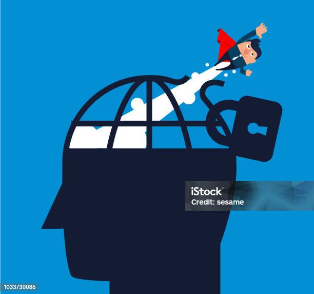 Businessman Flying Out Of The Cage On His Head Stock Illustration - Download Image Now - Impact, Positive Emotion, Breaking