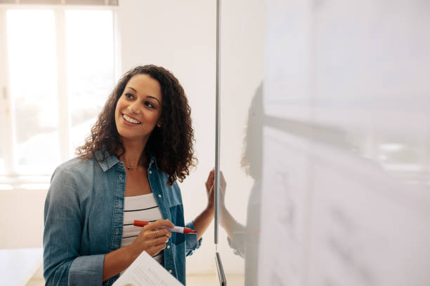 istock Businesswoman standing beside a whiteboard in office 1033736318