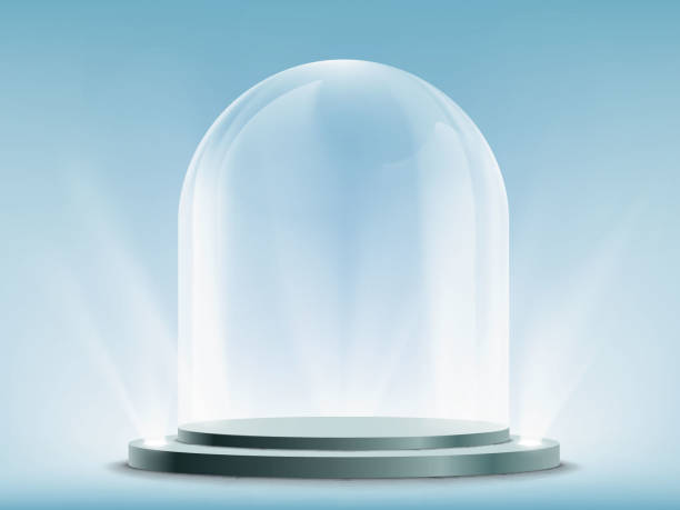 istock Blank empty and transparent glass dome on podium. Template mock-up for exhibition, advertising and presentation. 1033739536