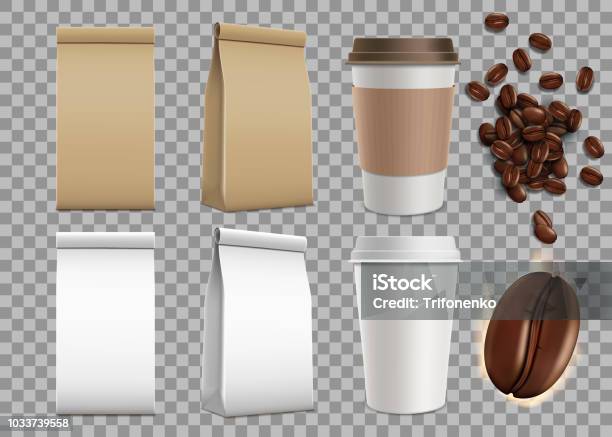 空のパッケージ紙マグとコーヒー豆のセットです透明な背景に分離されたモックアップ - コーヒー豆のベクターアート素材や画像を多数ご用意 - コーヒー豆, コーヒー, バッグ