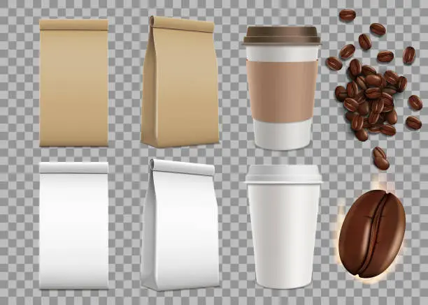 Vector illustration of Set of blank package with coffee beans and paper mugs. Isolated mock-up on a transparent background.