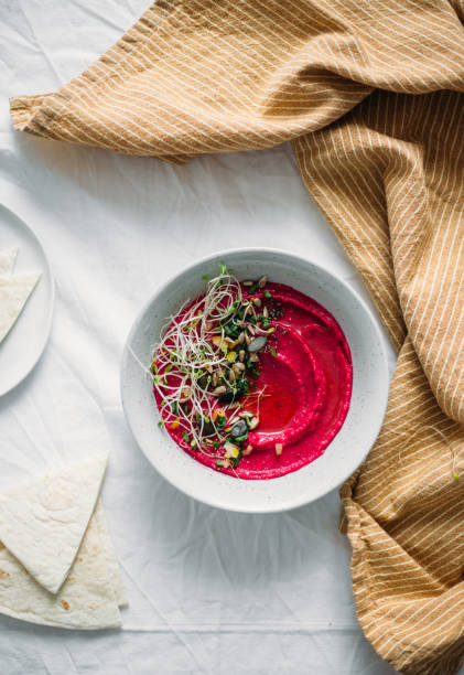 Roasted Beet Hummus in a ceramic bowl