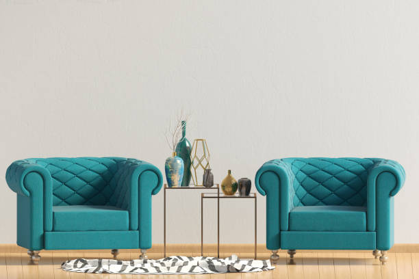 istock Modern interior with coffee table and chair. Wall mock up. 3d illustration. 1033762344