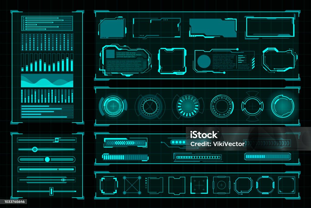 Futuristic user interface digital design on black Futuristic user interface. Modern technology and design computer futurism decoration. Vector illustration on black background Futuristic stock vector